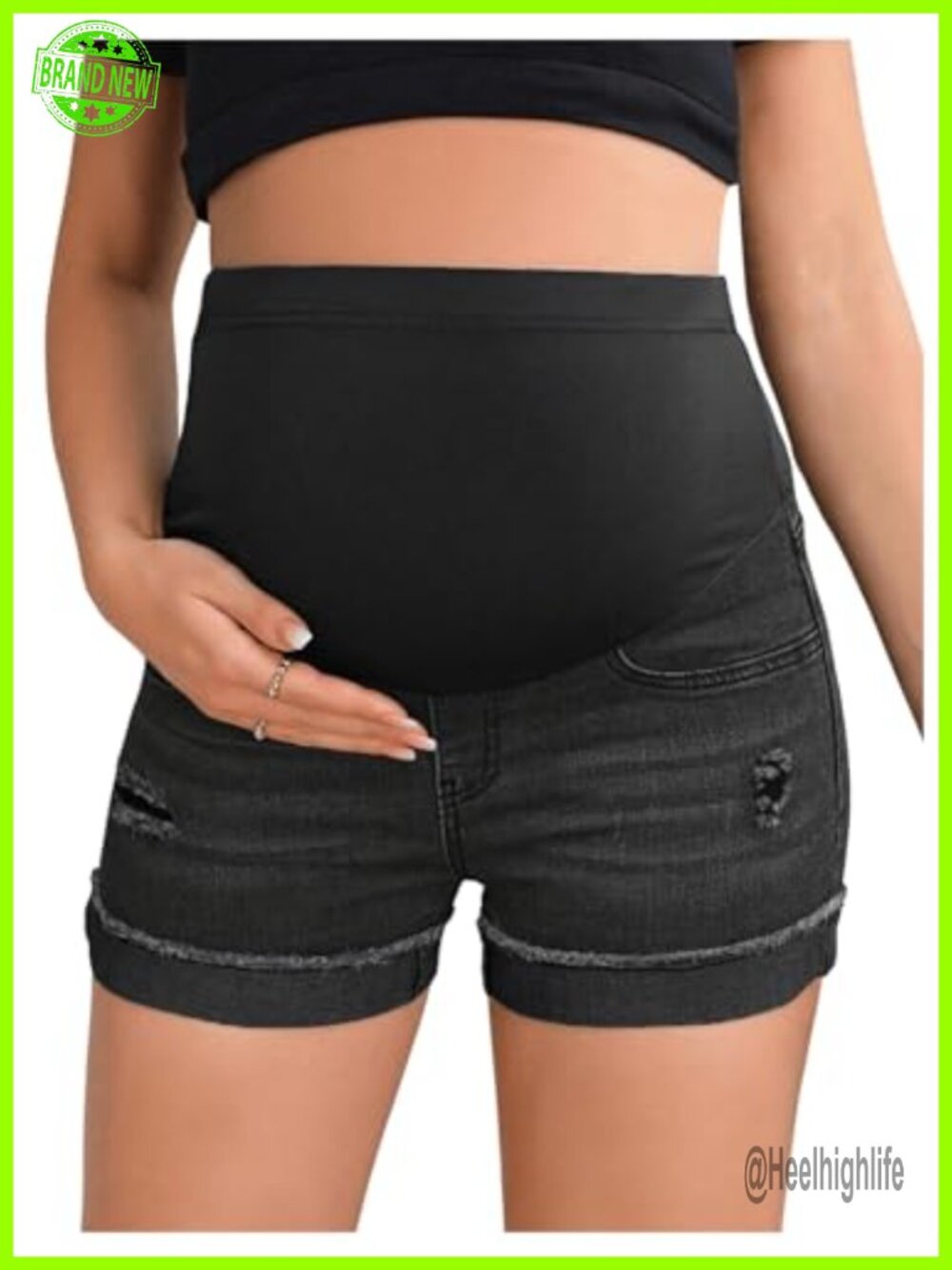 Maternity High Waist Denim Mini Shorts Ripped Pull On Stretch Casual Summer
